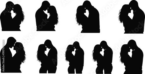 Black silhouettes of couples kissing and embracing