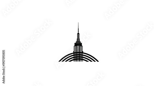 A monochrome illustration of a tall building with a spire and arched base
