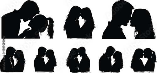 Black silhouettes of couples kissing and touching faces