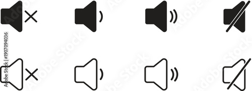 Speaker and Volume Control Icon Set. Black Silhouette and Outline Audio Symbols for Mute Low Medium and High Sound Levels in Multimedia UI Design