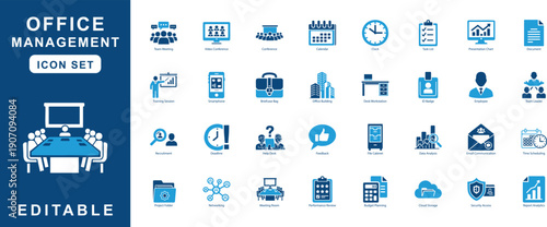 Office Management Icon Set: Business Strategy, Teamwork, and Productivity Tools Vector Illustration