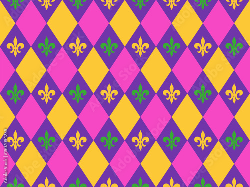 Mardi Gras Seamless Pattern. Fleur de Lys and Rhombus Endless Background in purple, yellow and green.
