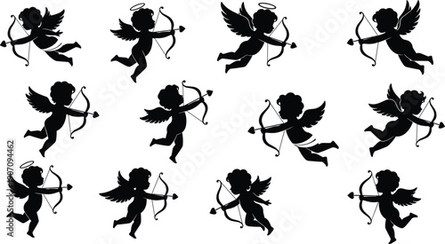Black silhouettes of cupids with bows and arrows in various poses cherub