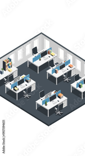 Modern office interior with desks and computers isometric view.