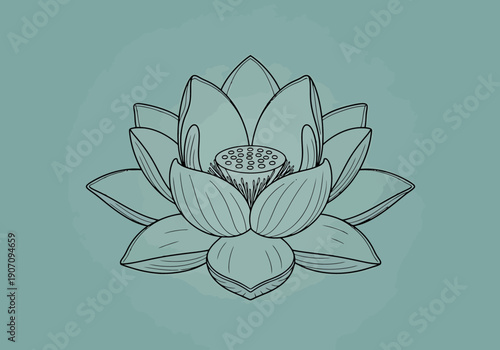 Elegant blooming lotus flower detailed line art on muted teal background symbolizing purity and enlightenment with delicate petal formation