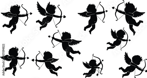 Black silhouettes of cupids with bows and arrows on white cherub