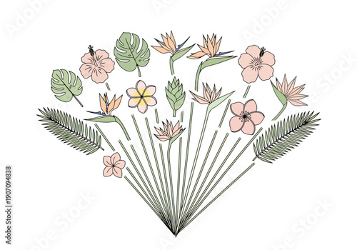 Tropical Floral Arrangement Design Botanical Elements Decorative Art Arrangement of Exotic Plants and Leaves for Summer and Vacation Themes