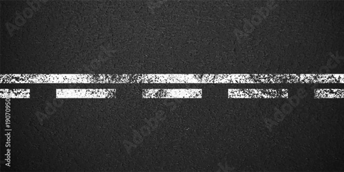 Asphalt road with white lane marking, concrete highway surface, texture. Street traffic line, road dividing strip. Pattern with grainy structure, grunge stone background. Vector illustration