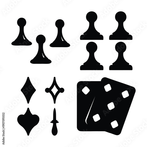 A collection of classic game icons including pawns, card suits, a dagger, and dice for various tabletop activities