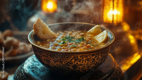 Steaming Bowl Of Chickpea Soup With Bread And Lemon