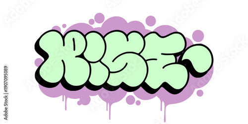 Rise graffiti throw up bubble letter design. Pastel green and pink street art lettering with drip effect for motivational urban apparel. High quality vector illustration.