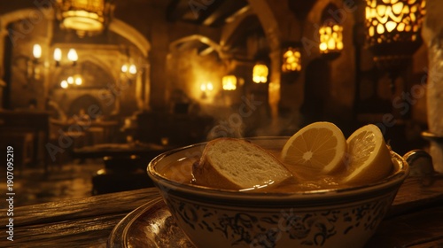 Steaming Lemon Bread Bowl Soup In A Cozy Tavern