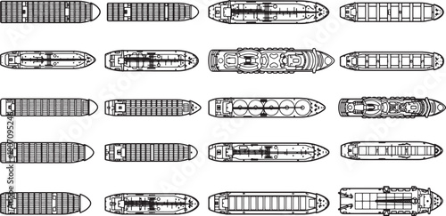 A detailed top-down view showcases a diverse array of cargo ships, highlighting their various designs and functionalities, capturing the essence of global trade and maritime transport.