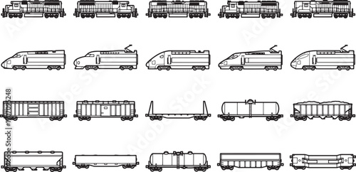 A detailed illustration showcases an array of trains and carriages, perfect for any railway or transport enthusiast.