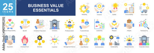 Business value icon pack featuring reliability,leadership,quality,accountability,trust,customer focus,sustainability,professionalism,and corporate culture for modern business design needs.