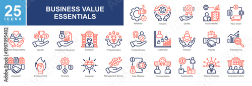 Business value icon pack featuring reliability,leadership,quality,accountability,trust,customer focus,sustainability,professionalism,and corporate culture for modern business design needs.