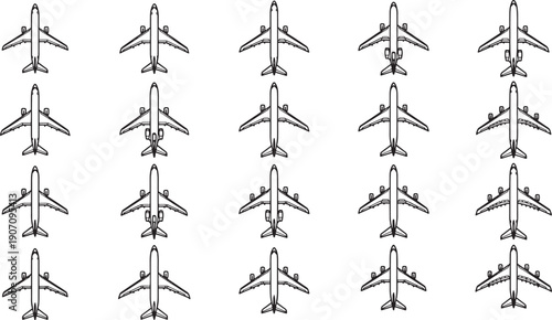 A fleet of aircraft, meticulously arranged, captures the essence of aviation, with each silhouette poised for flight, symbolizing travel and the marvels of air transport.