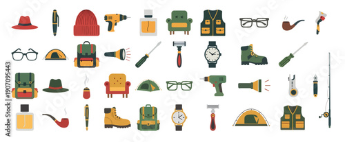 Outdoor Adventure and Men's Lifestyle Icons Set: Camping Gear, Tools, and Fashion Accessories