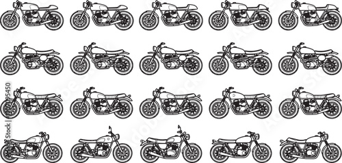 A grid arrangement showcases a series of vintage motorcycles in a uniform pattern, illustrating their timeless design.