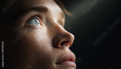 Dramatic human face in dark shadow with hopeful look. Close up portrait shows blue eye looking up towards single beam of light