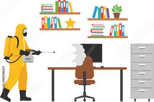Professional worker in yellow hazmat suit disinfecting office workspace with spray equipment for virus prevention and deep cleaning isolated on white.