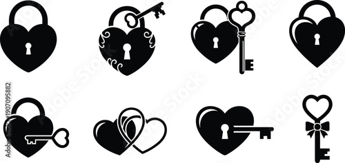 Heart shaped locks and keys in black on white background