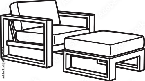 Minimalist illustration of a modern armchair with a matching ottoman, emphasizing clean lines and contemporary design aesthetics. 