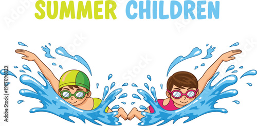 Vector illustration of cute children swimming in blue water splashes with goggles and swim caps under Summer Children text isolated on white.