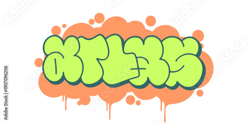 Atlas graffiti throw up bubble letter design. Light green and orange street art lettering with dripping paint effect for urban travel and apparel design. High quality vector.