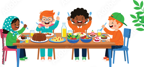 Vector illustration of diverse happy children sitting at a long table sharing a meal with healthy food, pasta, salad, and cake.