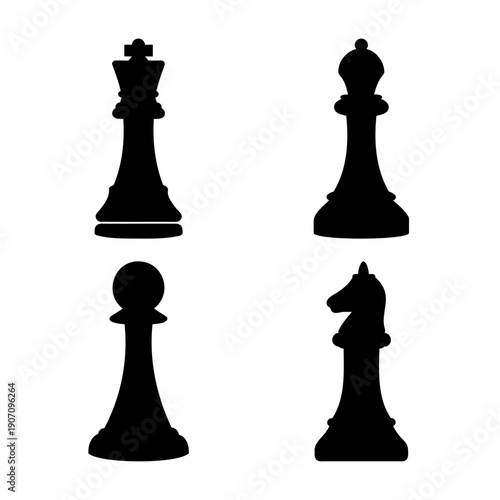 Essential collection of classic black silhouette chess pieces on white background