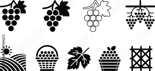 Black and white grape and vineyard icon set featuring grape clusters, trellis structures, vineyard landscape, baskets of grapes, and grapevine leaves for agriculture and winemaking graphics