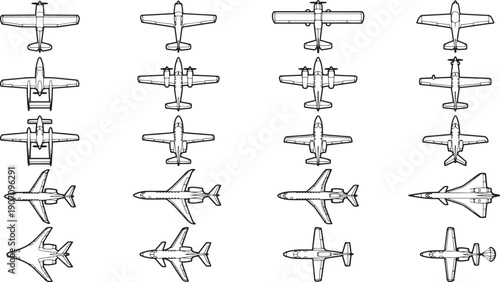 Diverse airplane fleet showcases various aircraft designs, illustrating the evolution and diversity of flight, from historical models to modern jets.
