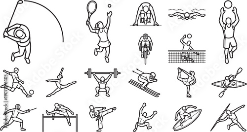 Sports Icons representing various athletic endeavors, set against a backdrop of crisp, minimalist lines, the image captures the essence of action, competition.