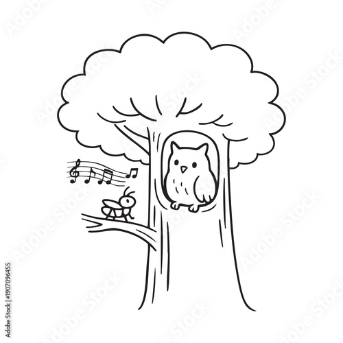 Aesop’s fable owl and grasshopper vector illustration. Fairy tale line art doodle in hand-drawn ink style, perfect for children’s stories and educational use. Transparent background.