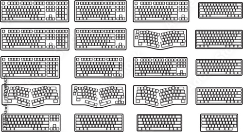 Multiple keyboard array showcase a wide selection of keyboard designs, providing a comprehensive display of computer input devices. 