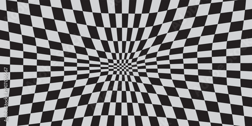 Black and white abstract square backgrounds. Geometric checkered board. Optical illusion, modern art. Psychedelic groovy swirls. Hippie covers, posters, cards, banners. Vector illustration.