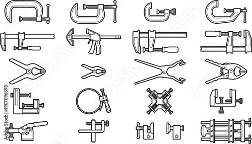 Different kinds of Clamps tools with detailed lines for construction and repair.