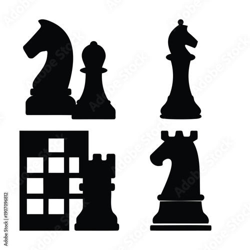 Various black silhouettes of classic chess pieces and a chessboard icon on white