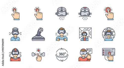 Virtual Reality Icons Set: VR Headset, Hands, Joystick, 360 Degrees, User Interface