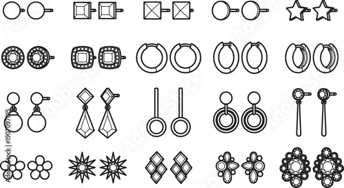 A collection of various stylish earrings showcased in a clean and organized manner. These meticulously illustrated earrings highlight the intricate shapes. 