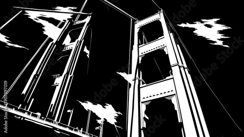 A high-contrast graphic image depicts an angular suspension structure against a black sky