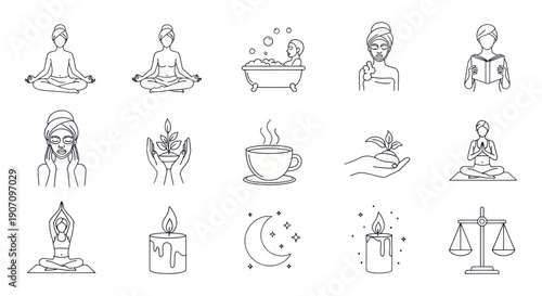 Wellness and Self-Care Icons: Yoga, Meditation, Spa, Healthy Lifestyle