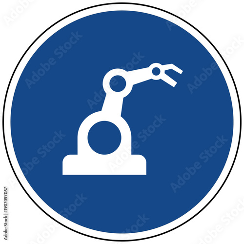 Industrieroboter Arm Symbol blaues rundes Schild Vektor Illustration für Automatisierung Fertigung Technik Industrie Robotik