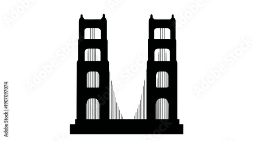 A black silhouette of a suspension bridge with two towers. The bridge spans with vertical lines