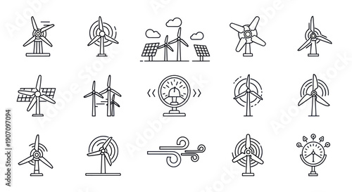 Wind Turbine Icons Set: Renewable Energy, Green Power, Eco Technology