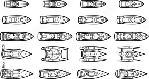 A top-down collection of diverse and sleek motorboats, each showcasing a unique design, ready for adventure on the water, offering a captivating blend of marine engineering and leisure.