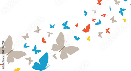 Large swarm of colorful butterflies flying diagonally in a stream across a white background for a vibrant spring or summer design.