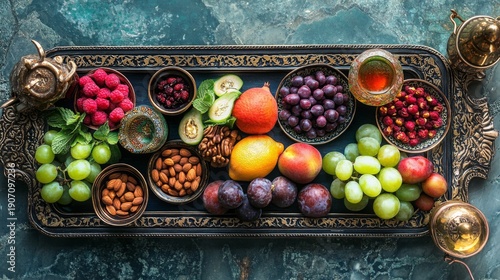 An ornate tray displays a colorful assortment of fresh fruits and nuts