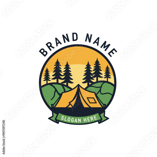 Camping Logo Design with Tent and Trees.